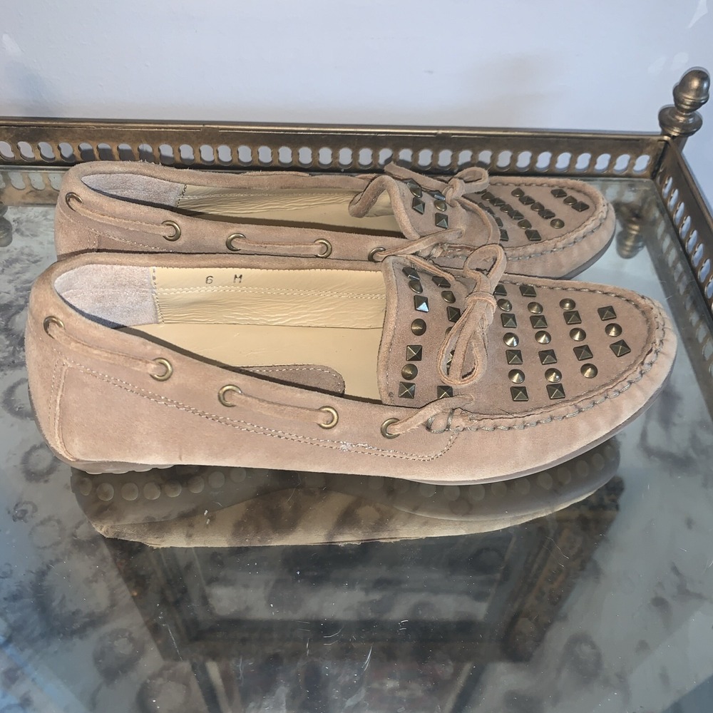 VAN ELI Shoes Womens 6  Tan Suede Bronze Studded Top Moccasin Driving‎ Loafers - Picture 5 of 7